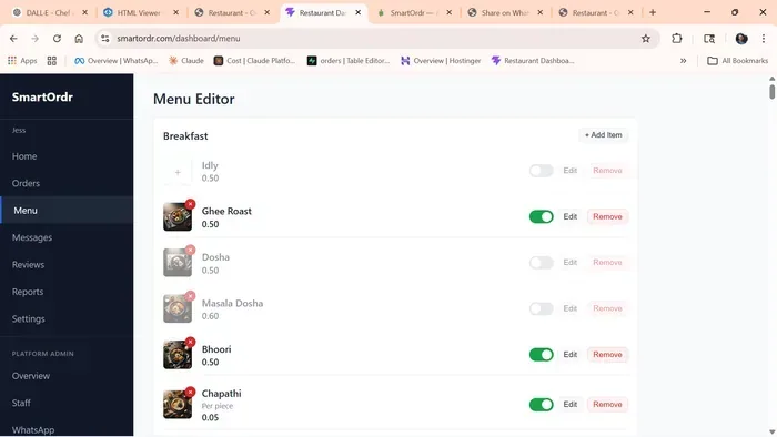 Menu editor with food photos, prices, and toggle controls