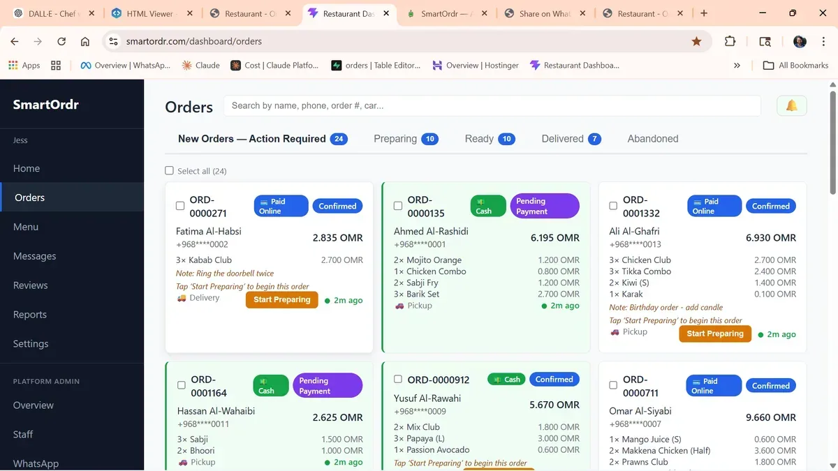 SmartOrdr orders dashboard showing live order cards with status badges