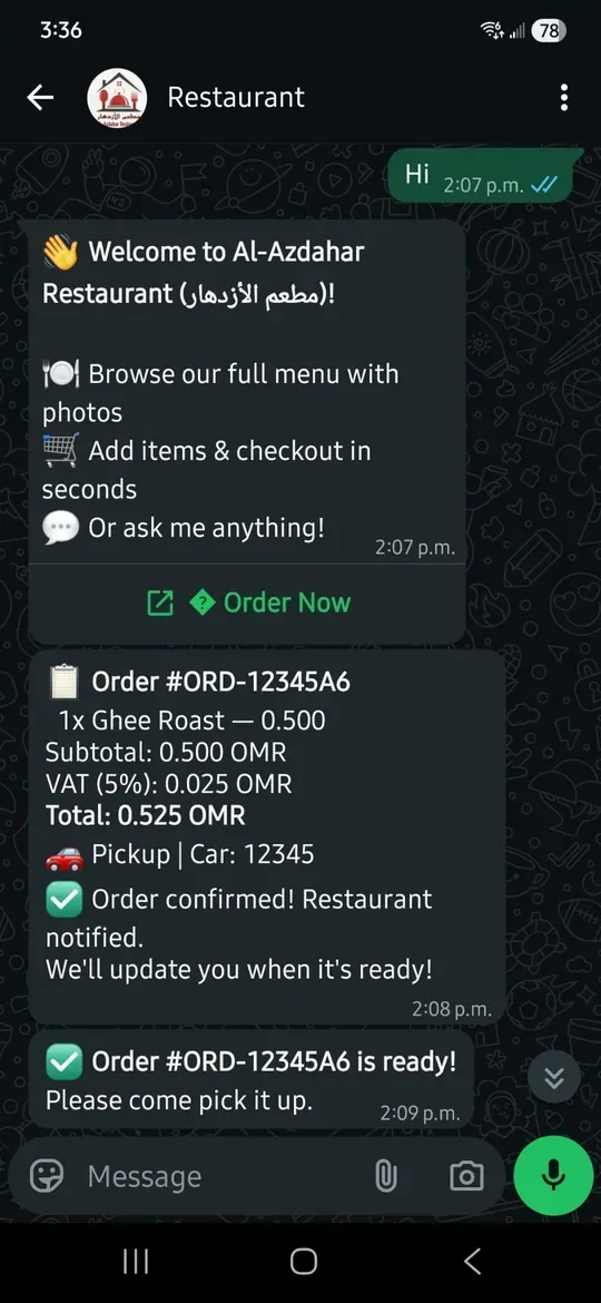 WhatsApp ordering flow — customer places order and receives confirmation